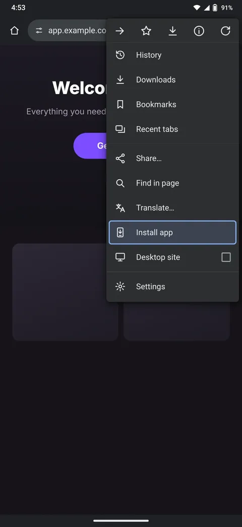 The Chrome menu with Install app highlighted