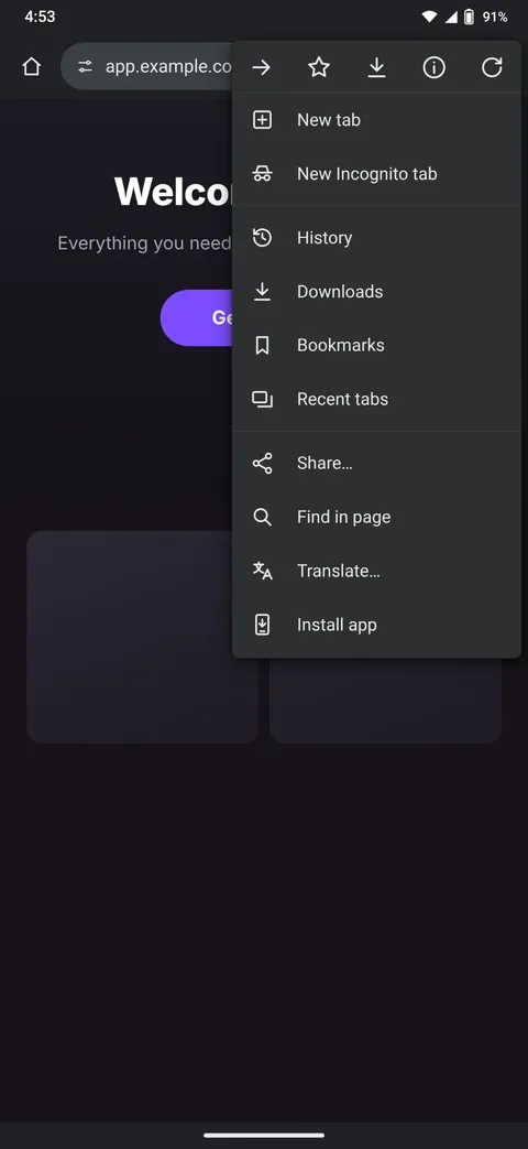 The Chrome menu open on an example site