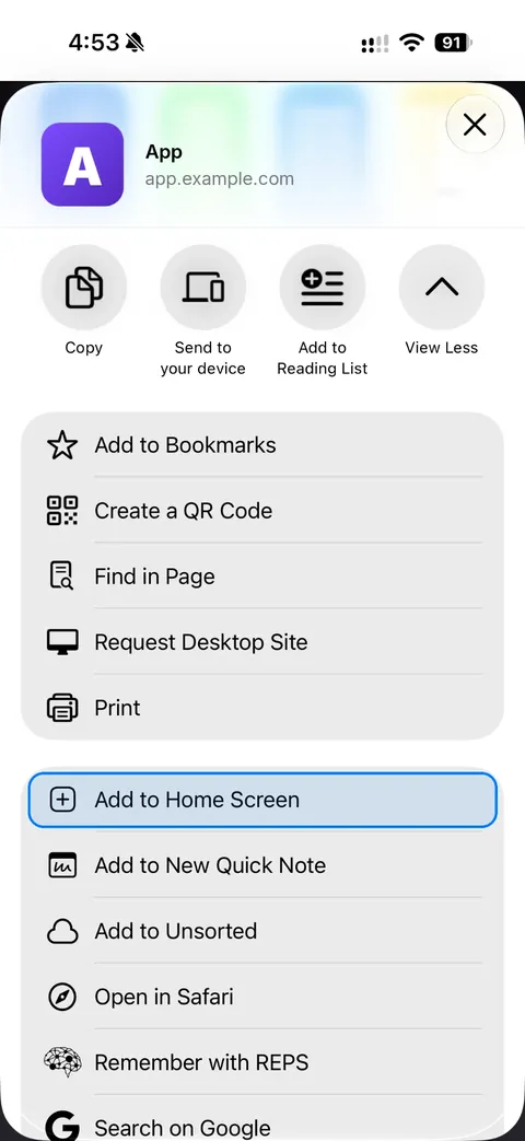 The full share sheet with Add to Home Screen highlighted