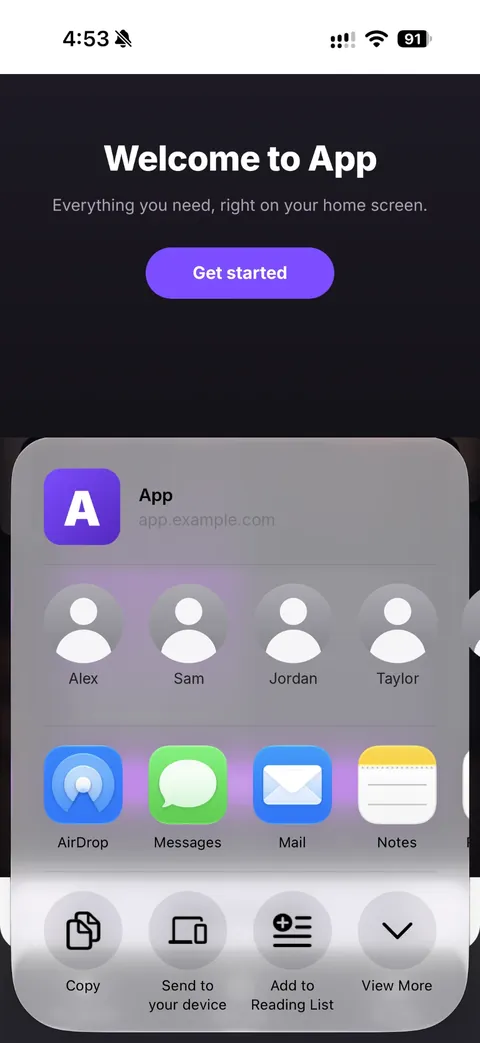 The Safari share sheet open on an example site